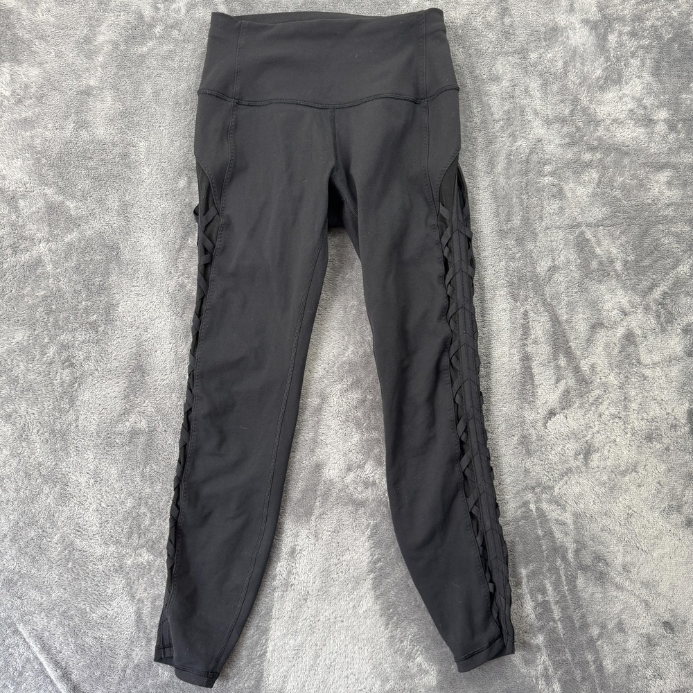 Lululemon Tight Stuff Tight Womens Size 6 Black Lattice Strappy Leggings